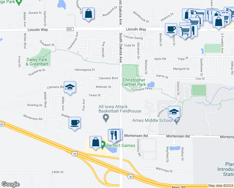 map of restaurants, bars, coffee shops, grocery stores, and more near 4529 Twain Circle in Ames