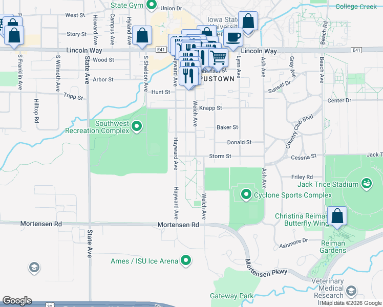 map of restaurants, bars, coffee shops, grocery stores, and more near 2517 Storm Street in Ames
