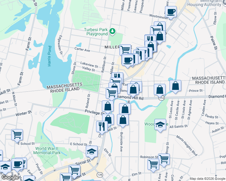 map of restaurants, bars, coffee shops, grocery stores, and more near 77 Adams Street in Woonsocket