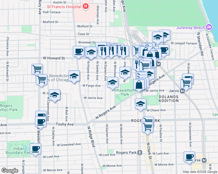 map of restaurants, bars, coffee shops, grocery stores, and more near 7384 North Winchester Avenue in Chicago