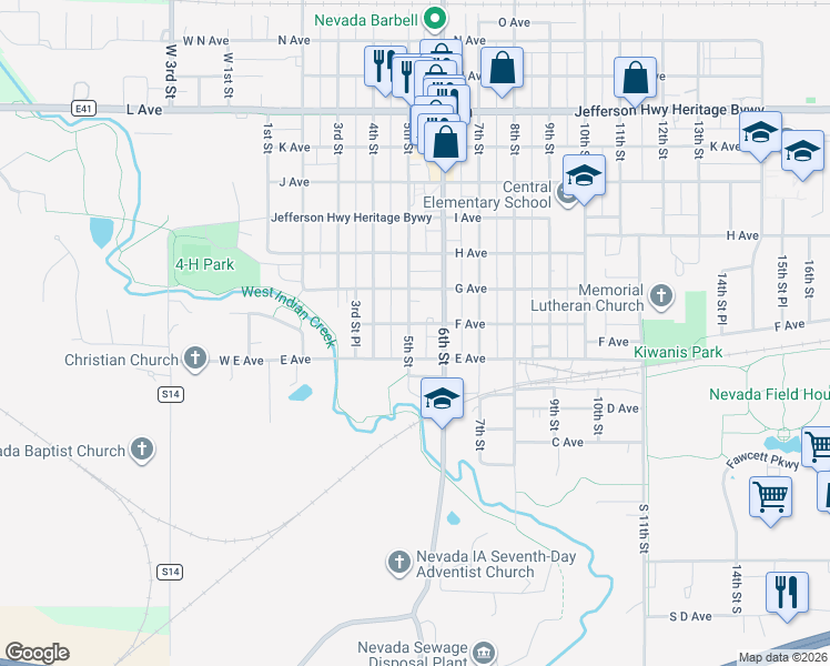 map of restaurants, bars, coffee shops, grocery stores, and more near 506 F Avenue in Nevada