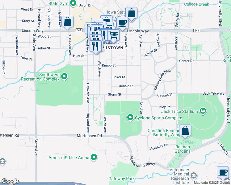 map of restaurants, bars, coffee shops, grocery stores, and more near 2329 Storm Street in Ames