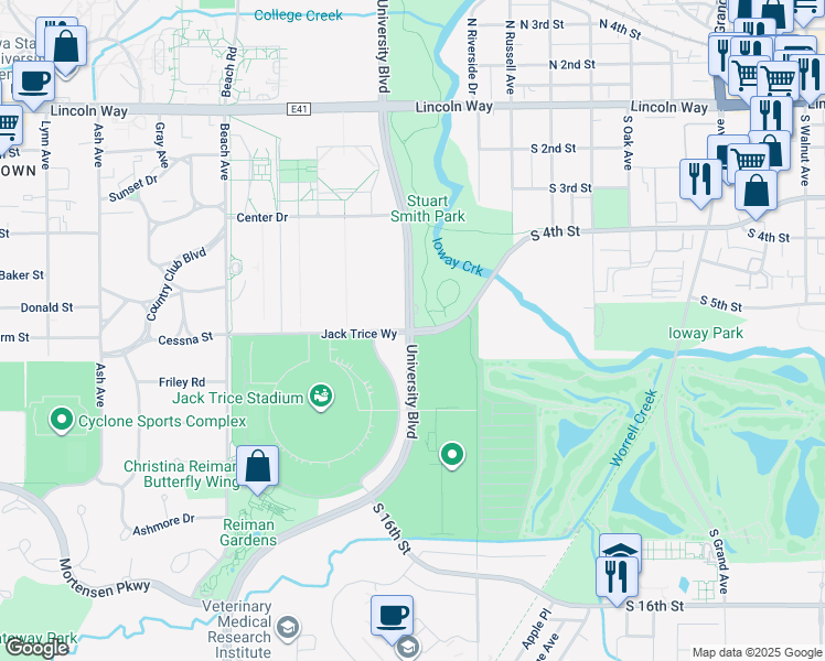map of restaurants, bars, coffee shops, grocery stores, and more near 1801 South 4th Street in Ames