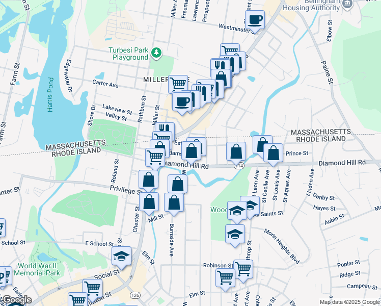 map of restaurants, bars, coffee shops, grocery stores, and more near 250 Adams Street in Woonsocket