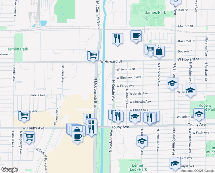 map of restaurants, bars, coffee shops, grocery stores, and more near 7441 Channel Road in Skokie