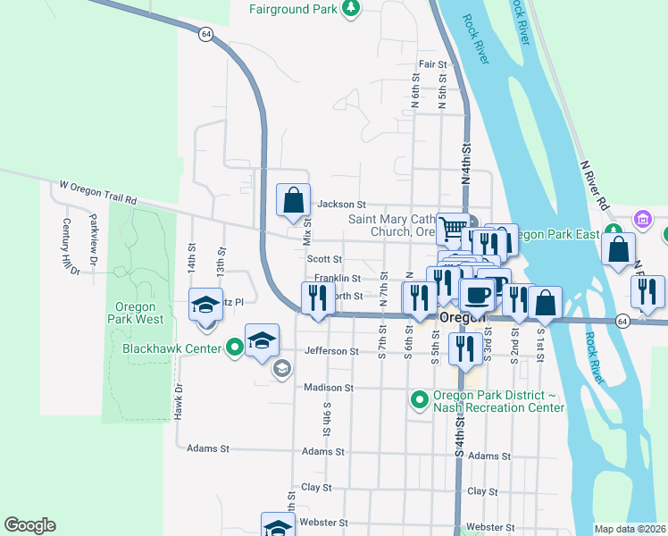 map of restaurants, bars, coffee shops, grocery stores, and more near 802 Franklin Street in Oregon