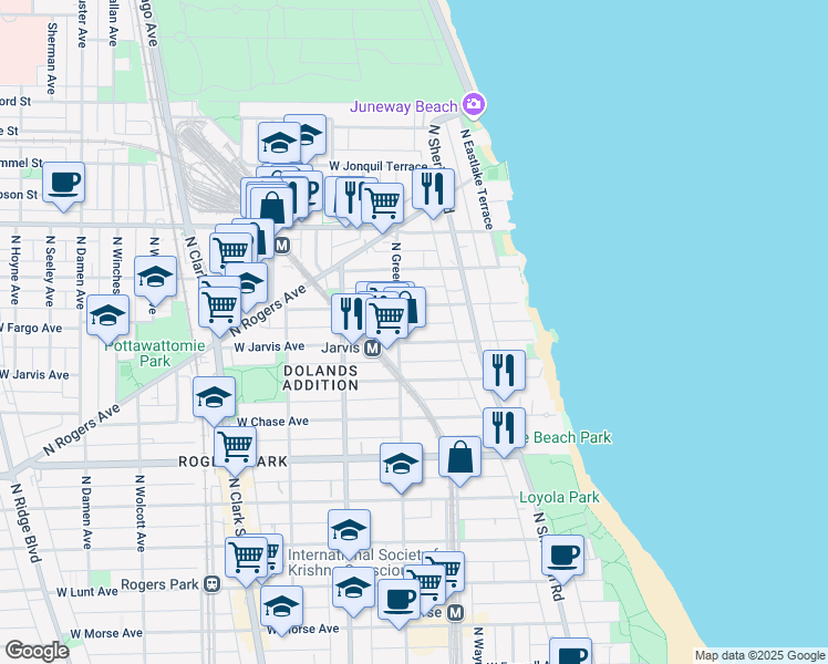 map of restaurants, bars, coffee shops, grocery stores, and more near 1436 W Jarvis Ave in Chicago
