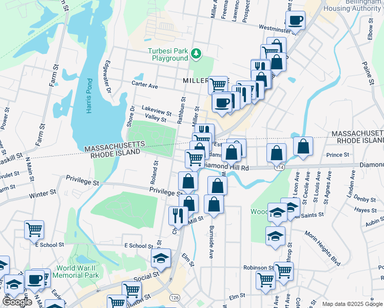 map of restaurants, bars, coffee shops, grocery stores, and more near 77 Adams Street in Woonsocket