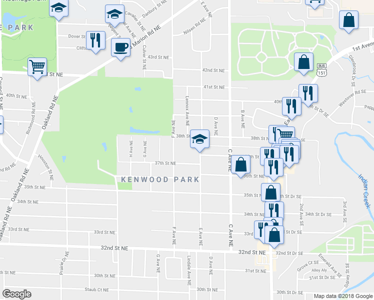 map of restaurants, bars, coffee shops, grocery stores, and more near 3700 East Avenue Northeast in Cedar Rapids