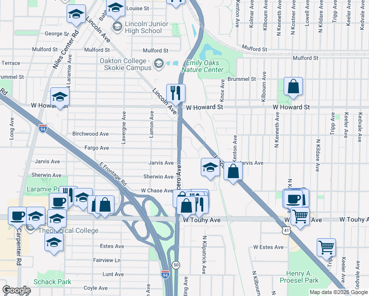 map of restaurants, bars, coffee shops, grocery stores, and more near 7428 Lincoln Avenue in Skokie
