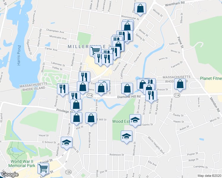 map of restaurants, bars, coffee shops, grocery stores, and more near 61 Salisbury Street in Woonsocket