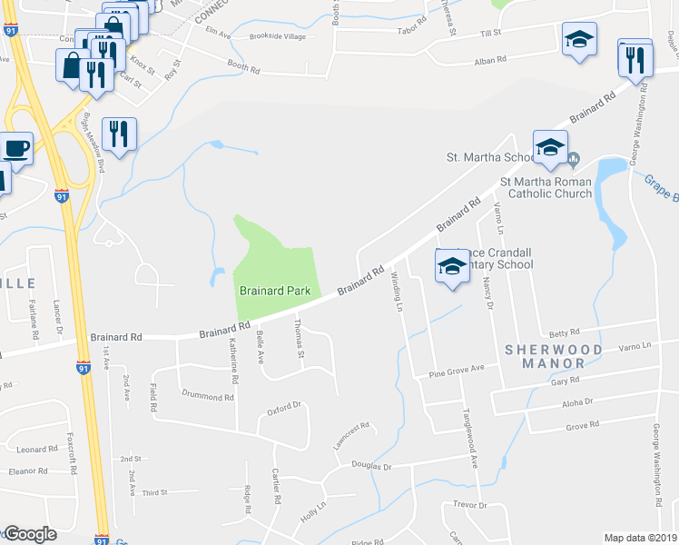 map of restaurants, bars, coffee shops, grocery stores, and more near 159 Brainard Road in Enfield