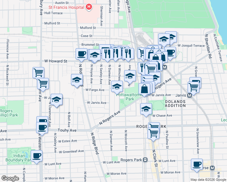 map of restaurants, bars, coffee shops, grocery stores, and more near 7383 North Damen Avenue in Chicago