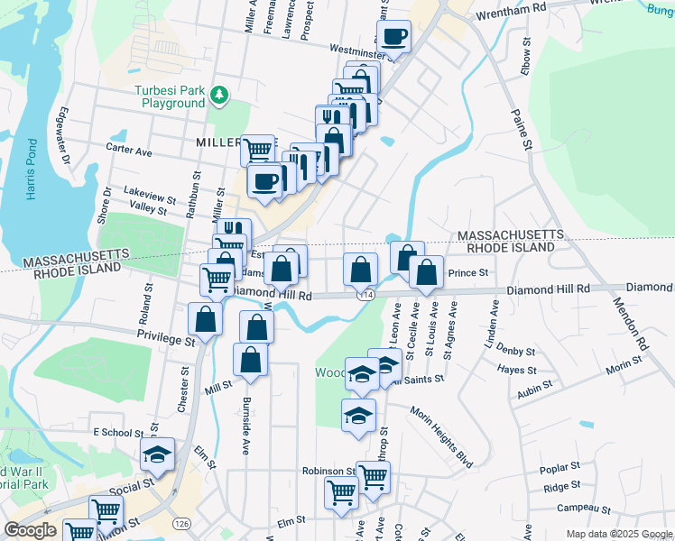 map of restaurants, bars, coffee shops, grocery stores, and more near 59 Dewey Street in Woonsocket