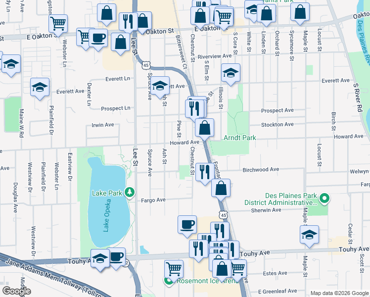 map of restaurants, bars, coffee shops, grocery stores, and more near 1371 Howard Avenue in Des Plaines