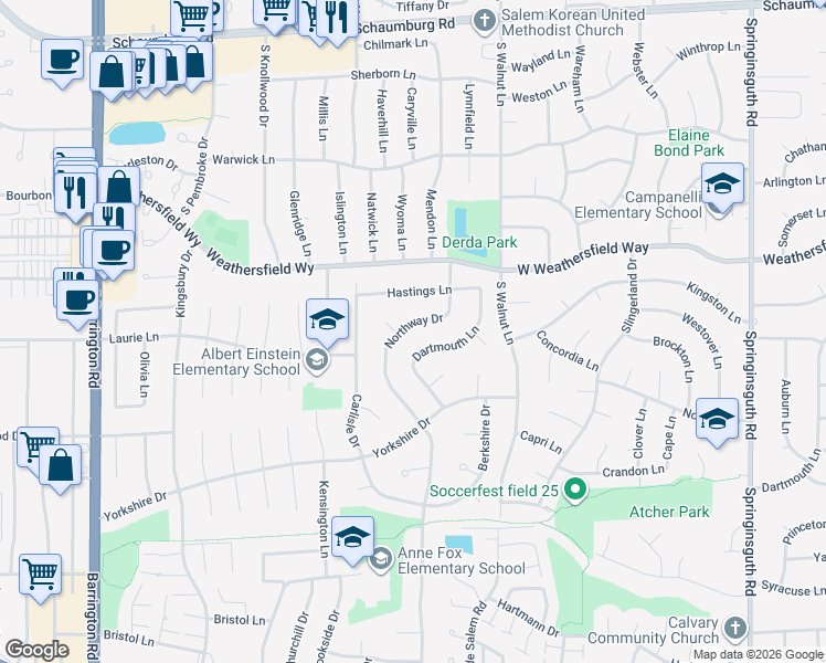 map of restaurants, bars, coffee shops, grocery stores, and more near 8147 Northway Dr in Hanover Park