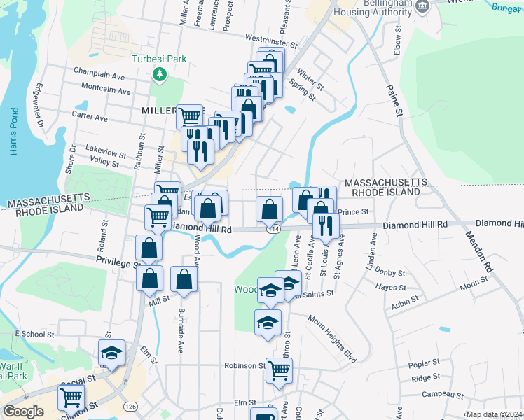 map of restaurants, bars, coffee shops, grocery stores, and more near 59 Dewey Street in Woonsocket