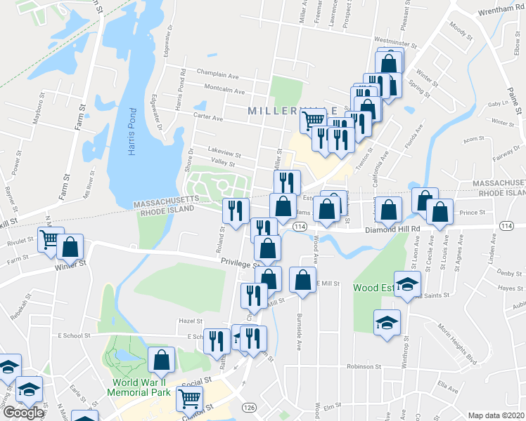 map of restaurants, bars, coffee shops, grocery stores, and more near 563 Rathbun Street in Woonsocket