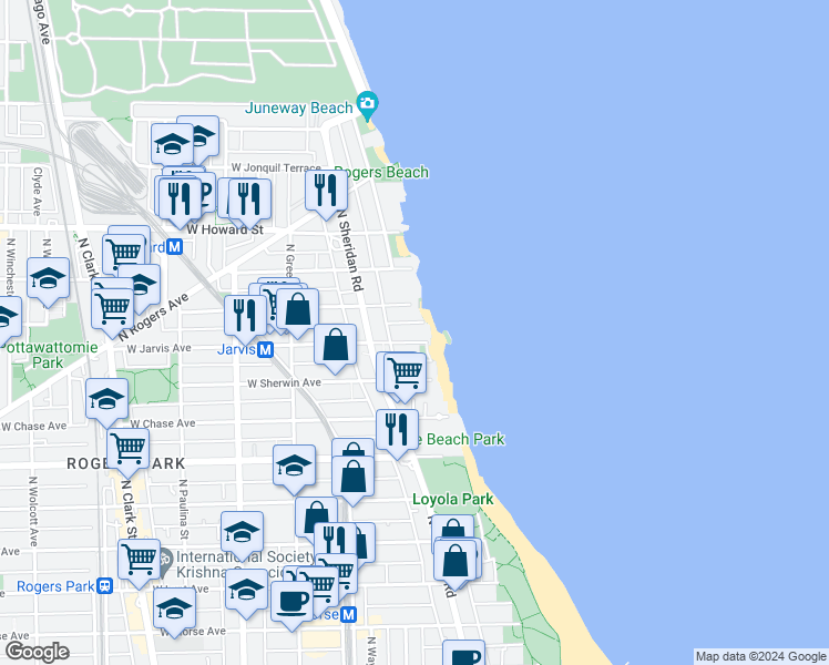 map of restaurants, bars, coffee shops, grocery stores, and more near 1214 West Jarvis Avenue in Chicago