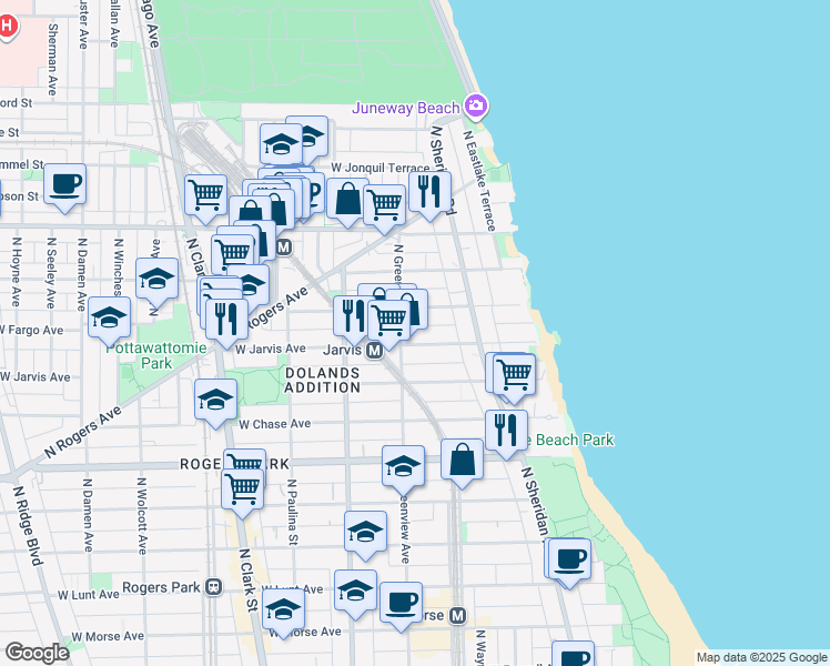 map of restaurants, bars, coffee shops, grocery stores, and more near 1436 West Jarvis Avenue in Chicago