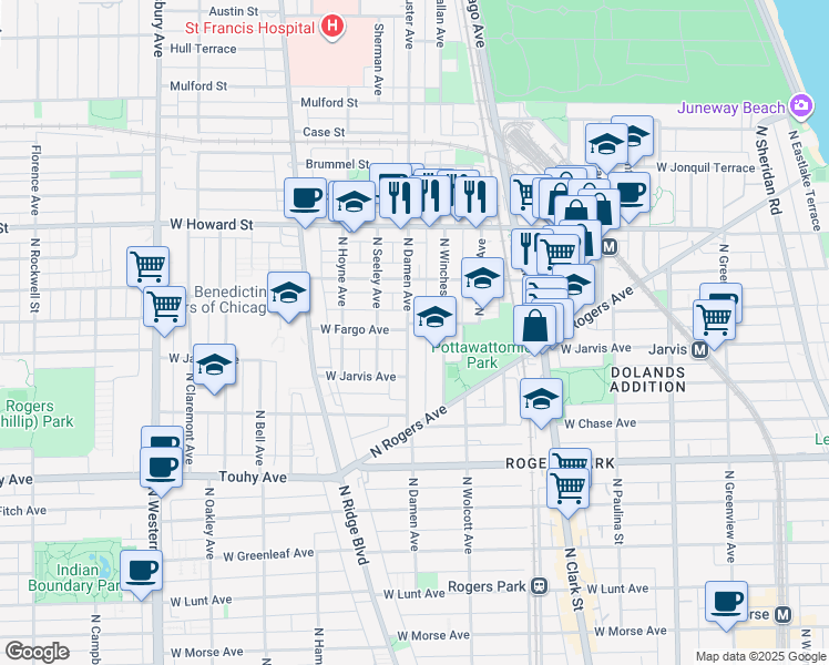 map of restaurants, bars, coffee shops, grocery stores, and more near 7384 North Winchester Avenue in Chicago
