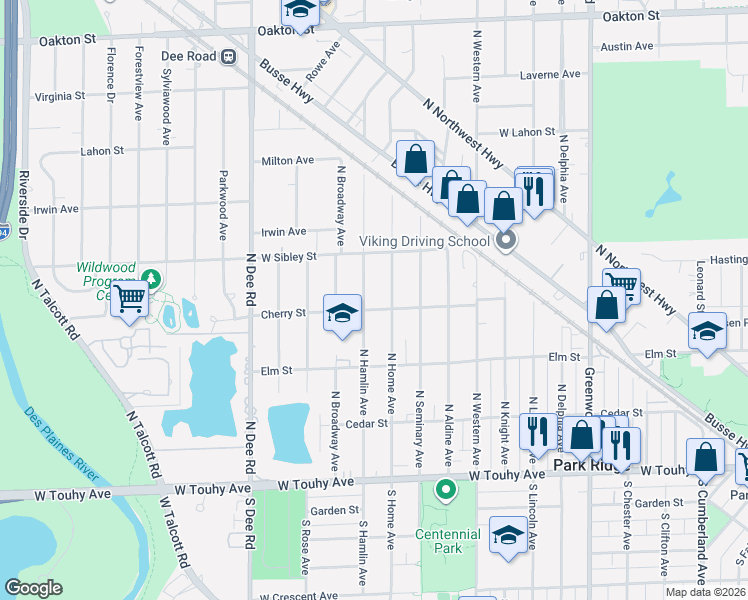 map of restaurants, bars, coffee shops, grocery stores, and more near 504 North Hamlin Avenue in Park Ridge