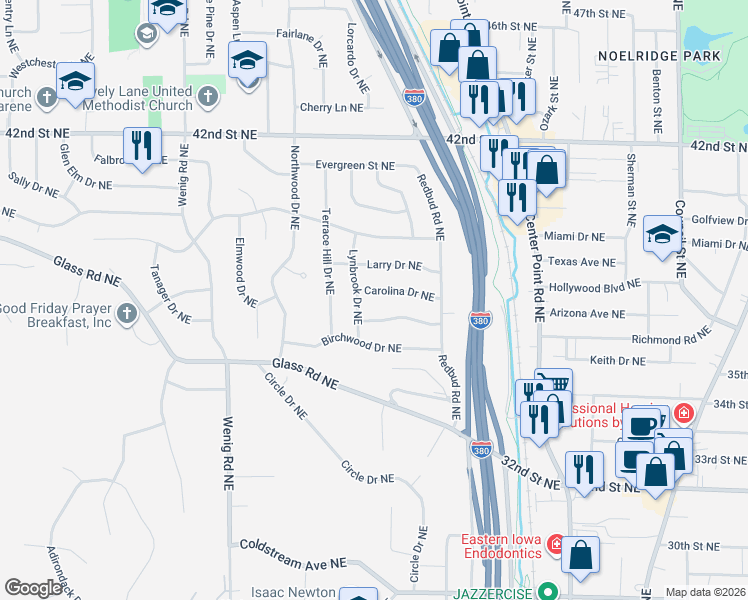 map of restaurants, bars, coffee shops, grocery stores, and more near 2119 Carolina Drive Northeast in Cedar Rapids