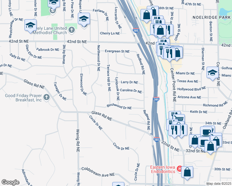 map of restaurants, bars, coffee shops, grocery stores, and more near 3649 Lynbrook Drive Northeast in Cedar Rapids