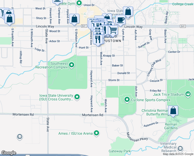 map of restaurants, bars, coffee shops, grocery stores, and more near 2517 Storm Street in Ames