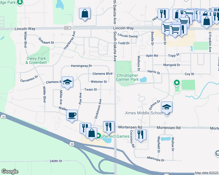 map of restaurants, bars, coffee shops, grocery stores, and more near 4529 Twain Circle in Ames