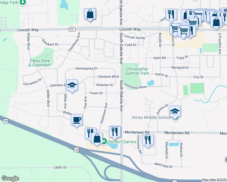 map of restaurants, bars, coffee shops, grocery stores, and more near 4529 Twain Circle in Ames