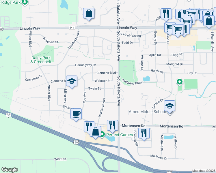 map of restaurants, bars, coffee shops, grocery stores, and more near 711 Dickinson Avenue in Ames
