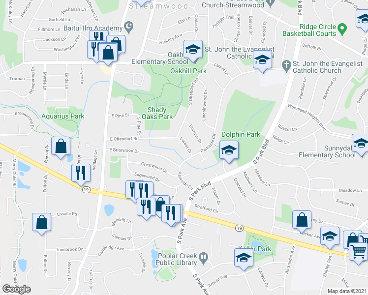 map of restaurants, bars, coffee shops, grocery stores, and more near 805 Forest Drive in Streamwood