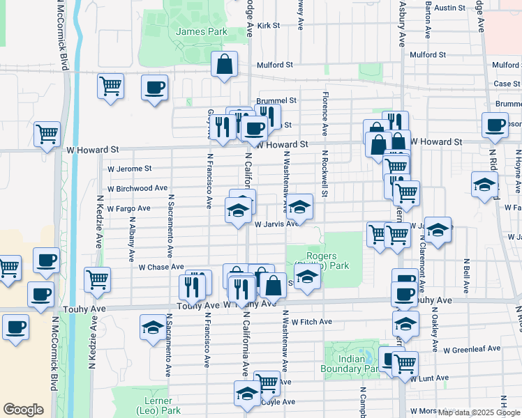 map of restaurants, bars, coffee shops, grocery stores, and more near 2737 West Fargo Avenue in Chicago