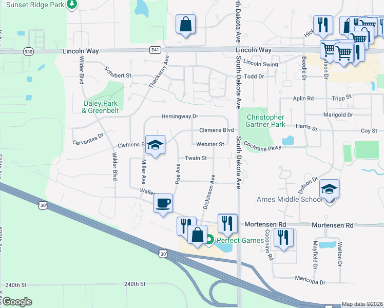 map of restaurants, bars, coffee shops, grocery stores, and more near 4635 Twain Street in Ames