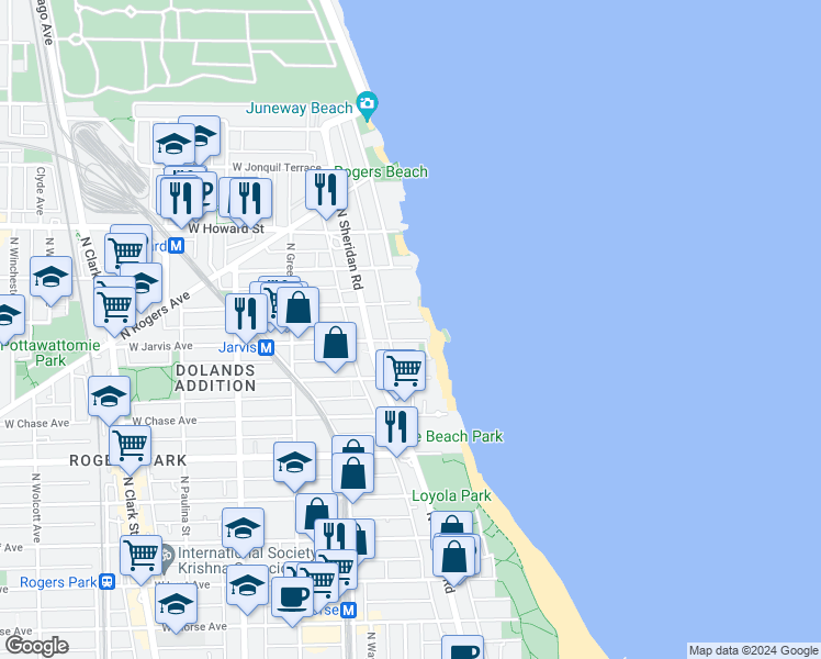map of restaurants, bars, coffee shops, grocery stores, and more near 1222 West Jarvis Avenue in Chicago