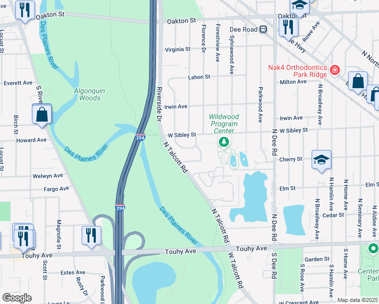 map of restaurants, bars, coffee shops, grocery stores, and more near 2825 Scottlynne Drive in Park Ridge