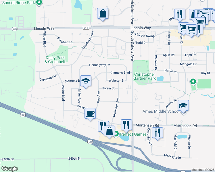 map of restaurants, bars, coffee shops, grocery stores, and more near 4635 Twain Street in Ames