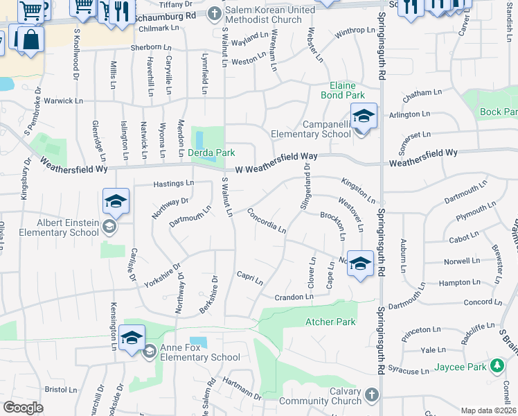 map of restaurants, bars, coffee shops, grocery stores, and more near 1905 Kingston Lane in Schaumburg