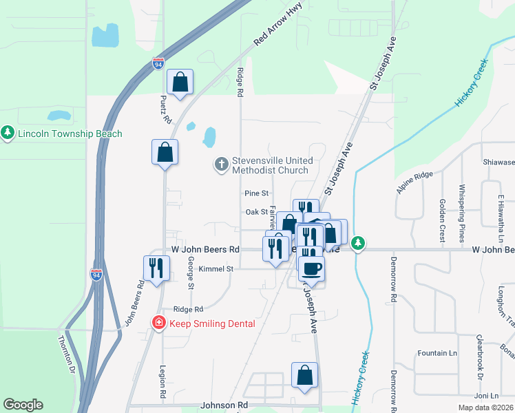 map of restaurants, bars, coffee shops, grocery stores, and more near 2855 Oak St in Stevensville