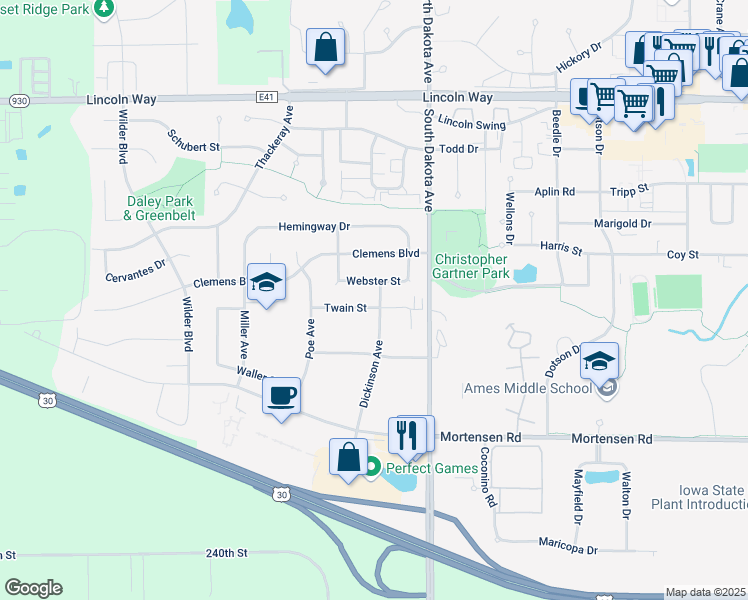 map of restaurants, bars, coffee shops, grocery stores, and more near 711 Dickinson Avenue in Ames