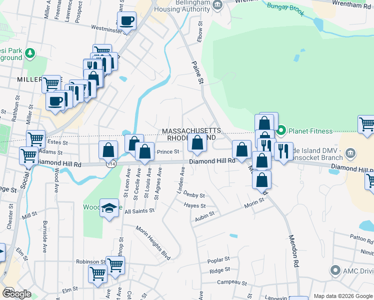 map of restaurants, bars, coffee shops, grocery stores, and more near 77 Rome Avenue in Woonsocket