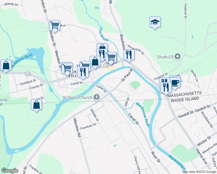 map of restaurants, bars, coffee shops, grocery stores, and more near 47 Farnum Street in Blackstone