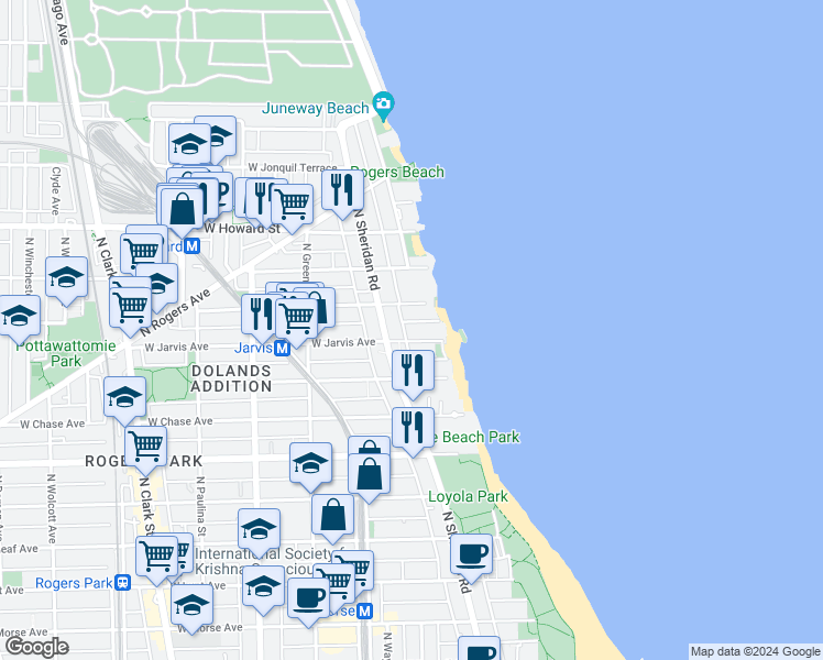 map of restaurants, bars, coffee shops, grocery stores, and more near 1240 West Jarvis Avenue in Chicago
