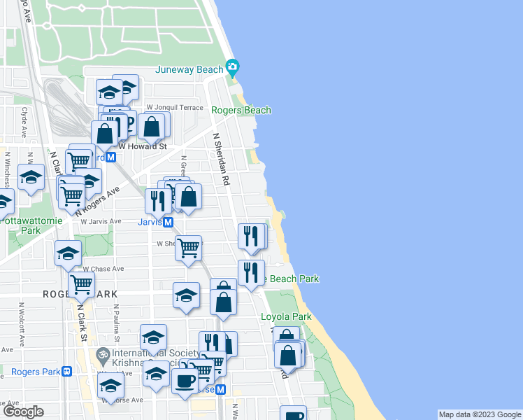 map of restaurants, bars, coffee shops, grocery stores, and more near 1214 West Jarvis Avenue in Chicago