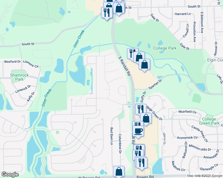 map of restaurants, bars, coffee shops, grocery stores, and more near 635 Covered Bridge Drive in Elgin