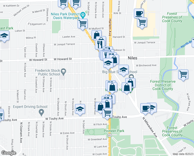 map of restaurants, bars, coffee shops, grocery stores, and more near 7439 North Octavia Avenue in Chicago
