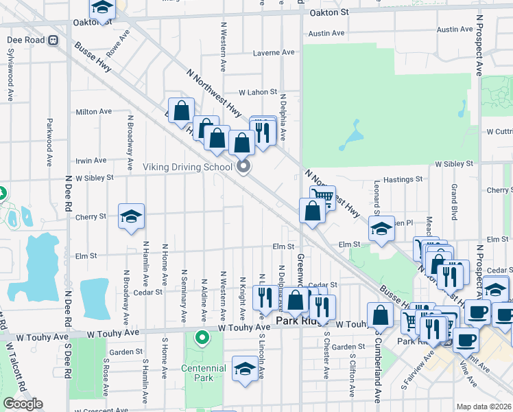 map of restaurants, bars, coffee shops, grocery stores, and more near 500 North Lincoln Avenue in Park Ridge