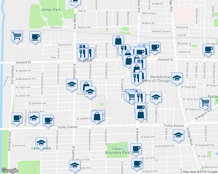 map of restaurants, bars, coffee shops, grocery stores, and more near 2549 West Fargo Avenue in Chicago