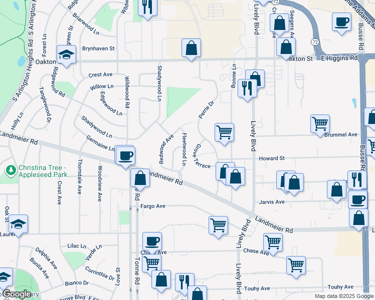 map of restaurants, bars, coffee shops, grocery stores, and more near 241 Fleetwood Lane in Elk Grove Village